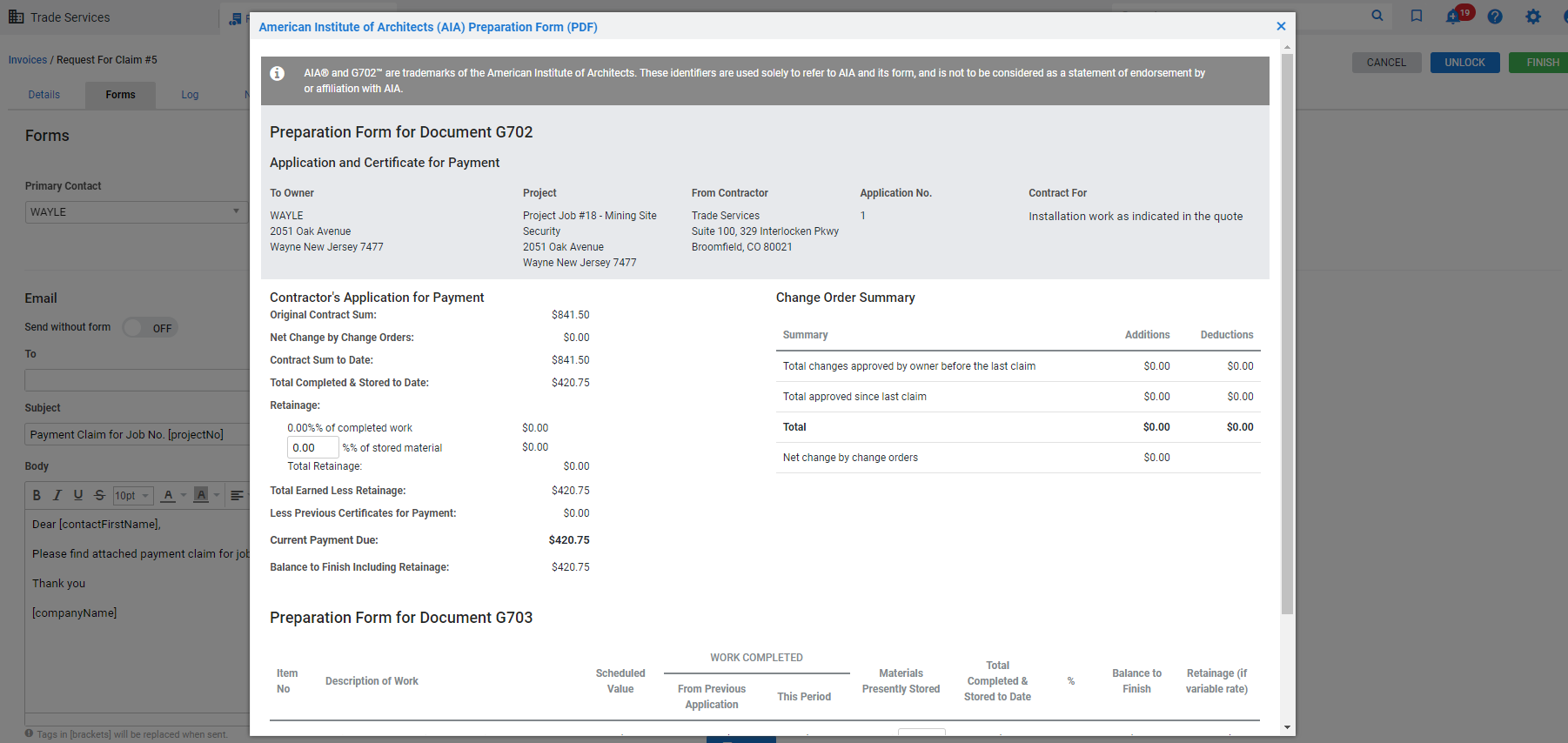 A screenshot of the AIA preparation form pop-up, including blue change order summary and G703 tables.